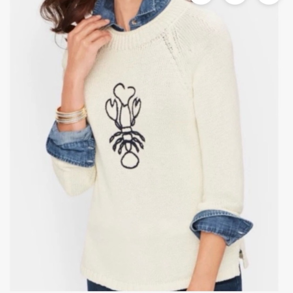 Talbots Cream Crewneck Sweater with Navy Lobster Motif -